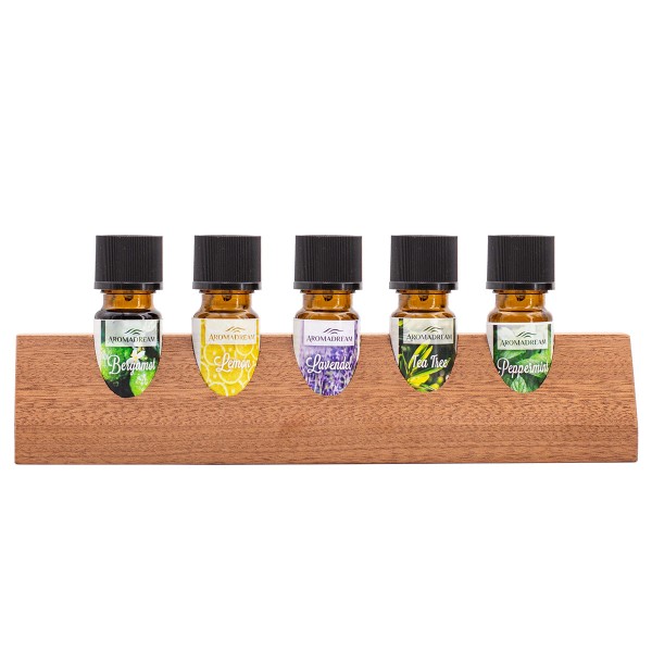 Geschenkset 5 x 10 ml ätherische Öle mit Holzständer - Tea Tree, Lavendel, Peppermint, Lemon, Bergam