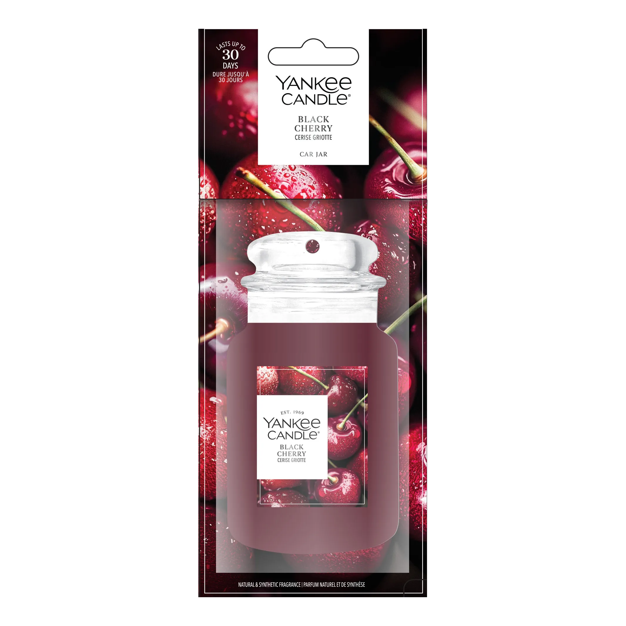 Black Cherry Car Jar Verpackung Verpackter Yankee Candle Black Cherry Car Jar mit Kirschmotiv