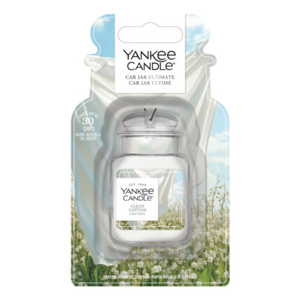 Verpackter Yankee Candle Clean Cotton Car Jar Ultimate vor weißem Hintergrund