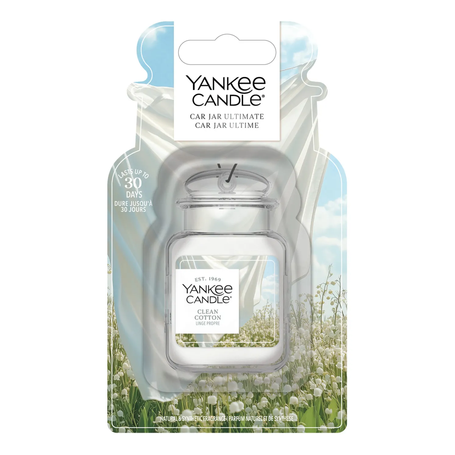 Clean Cotton Car Jar Ultimate Verpackung Verpackter Yankee Candle Clean Cotton Car Jar Ultimate vor weißem Hintergrund