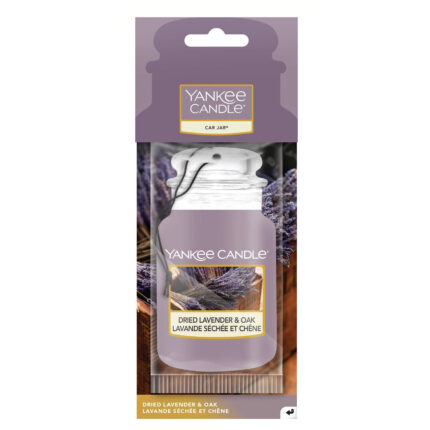 Verpacktes Yankee Candle Car Jar mit Lavendelmotiv und Aufdruck Dried Lavender & Oak