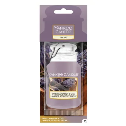 Verpacktes Yankee Candle Car Jar mit Lavendelmotiv und Aufdruck Dried Lavender & Oak