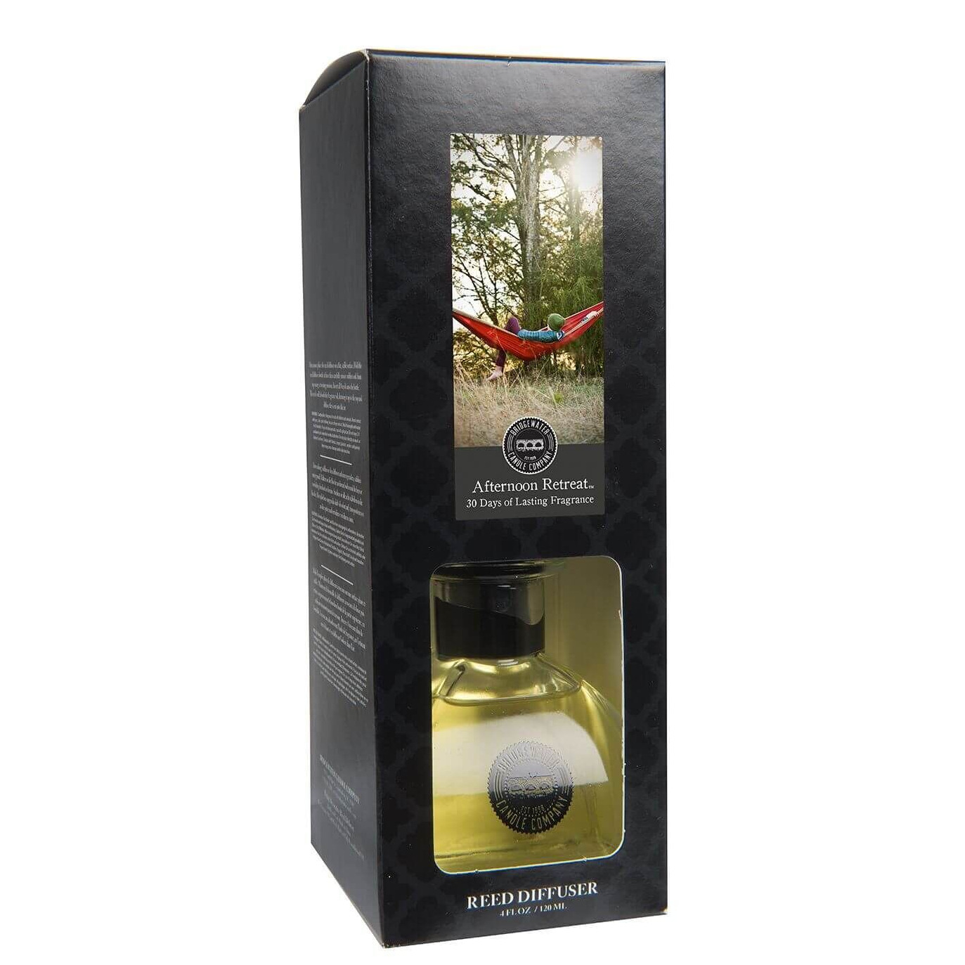 Reed Diffuser in Verpackung Schwarze Verpackung des Afternoon Retreat Reed Diffusers mit sichtbarer Flasche