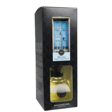 Seitlich fotografierte Verpackung des Blue Door Reed Diffusers mit sichtbarer Flasche