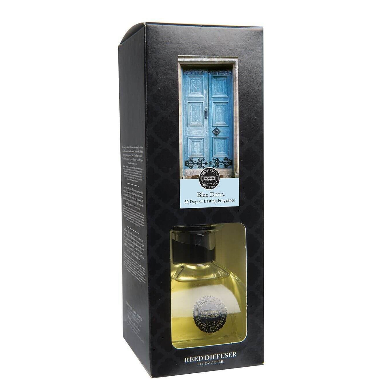 Blue Door Diffuser in Verpackung Seitlich fotografierte Verpackung des Blue Door Reed Diffusers mit sichtbarer Flasche