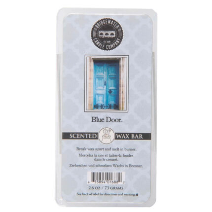 Etikett der Bridgewater Blue Door Wax Bar mit Türmotiv und Anwendungshinweis