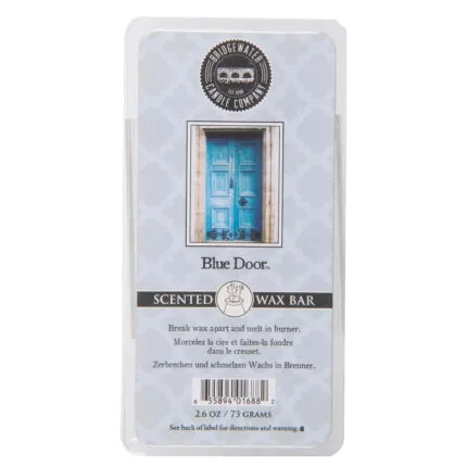 Etikett der Bridgewater Blue Door Wax Bar mit Türmotiv und Anwendungshinweis