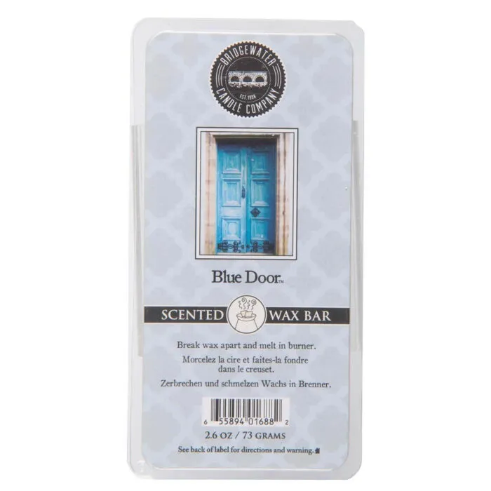 Etikett der Bridgewater Blue Door Wax Bar mit Türmotiv und Anwendungshinweis