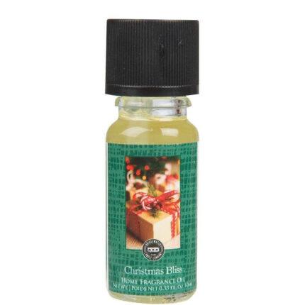 Nahaufnahme des Bridgewater Christmas Bliss Home Fragrance Oil mit Weihnachtsgeschenk-Etikett