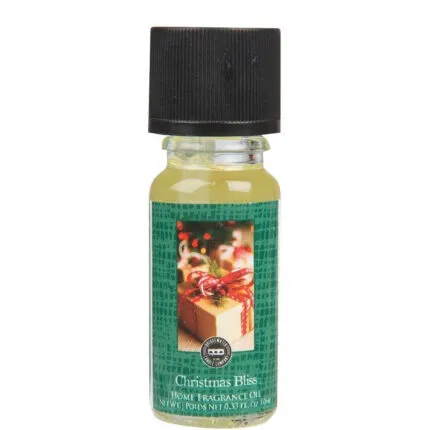 Nahaufnahme des Bridgewater Christmas Bliss Home Fragrance Oil mit Weihnachtsgeschenk-Etikett