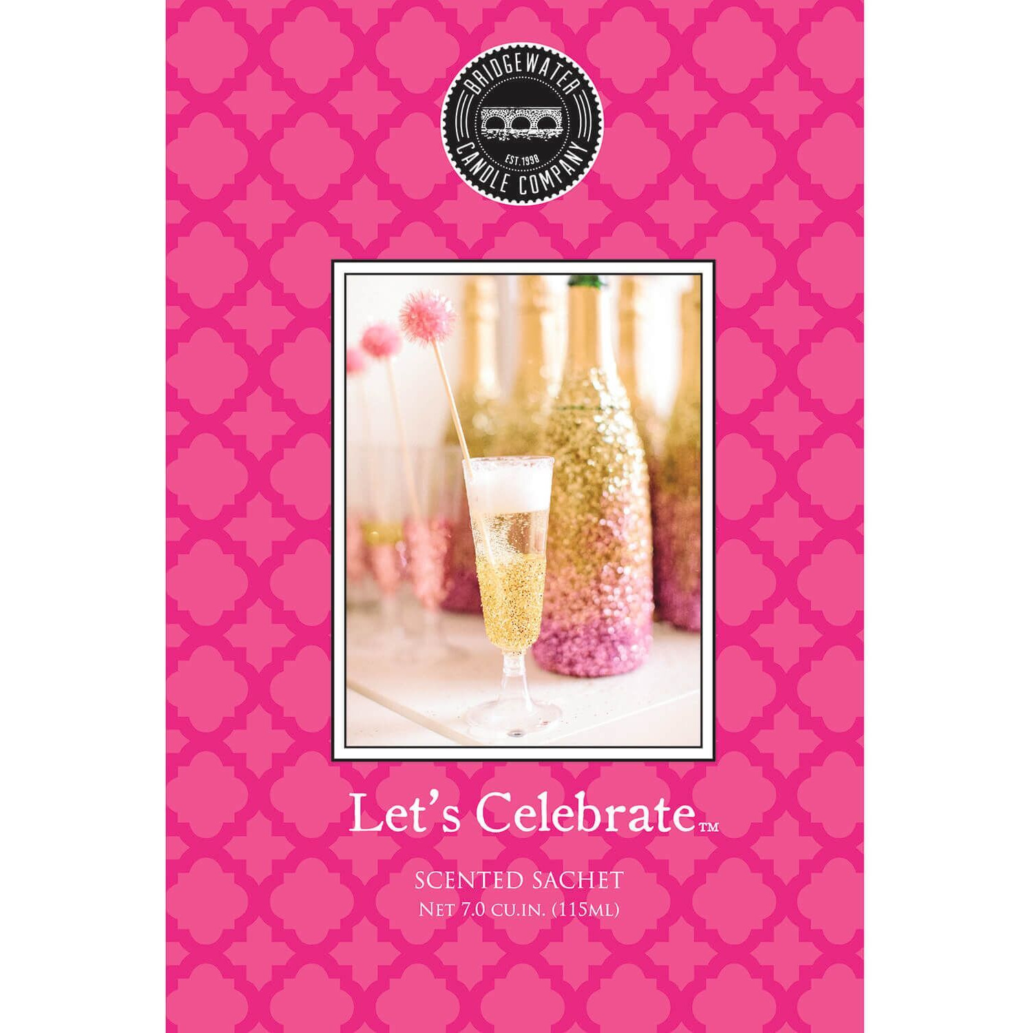 Let’s Celebrate Verpackung Pinke Verpackung des Bridgewater Duftsachets Let’s Celebrate mit Sektglas-Motiv