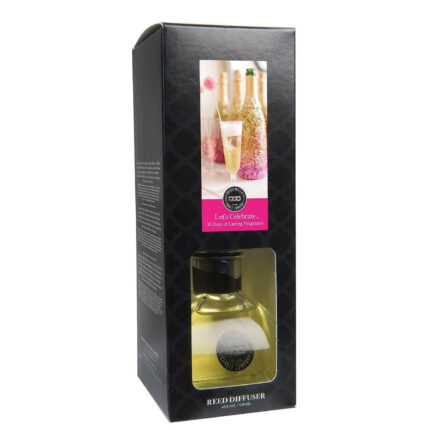 Schwarze Reed-Diffuser-Verpackung mit sichtbarer Flasche und Produktmotiv