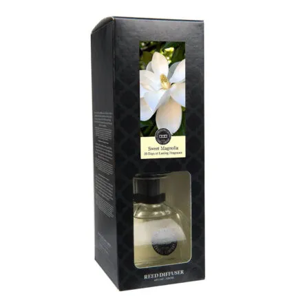 Schwarze Reed-Diffuser-Verpackung mit sichtbarer Flasche und Magnolienmotiv