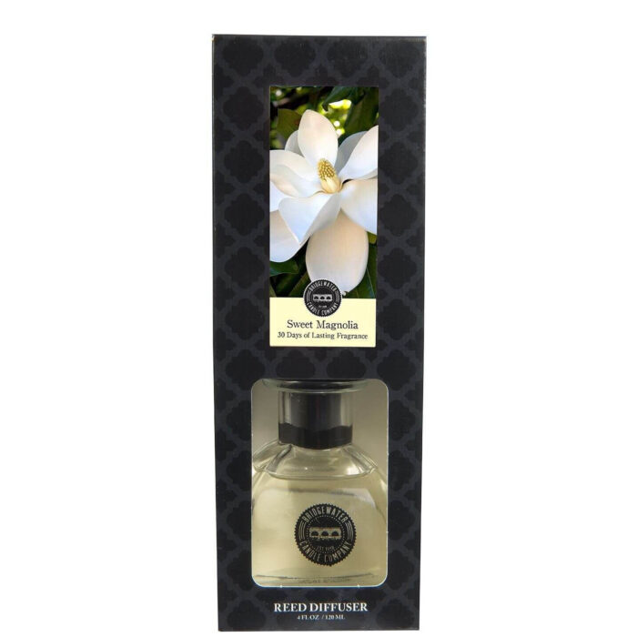 Verpackter Reed Diffuser mit Magnolienblüten und Produktflasche