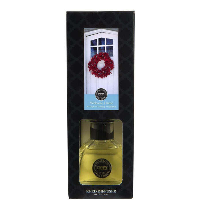 Vorderansicht der Welcome Home Reed Diffuser Verpackung mit gelber Flüssigkeit