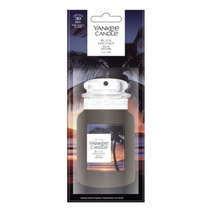 Verpackter Yankee Candle Black Coconut Car Jar mit Palmen- und Sonnenuntergangsmotiv