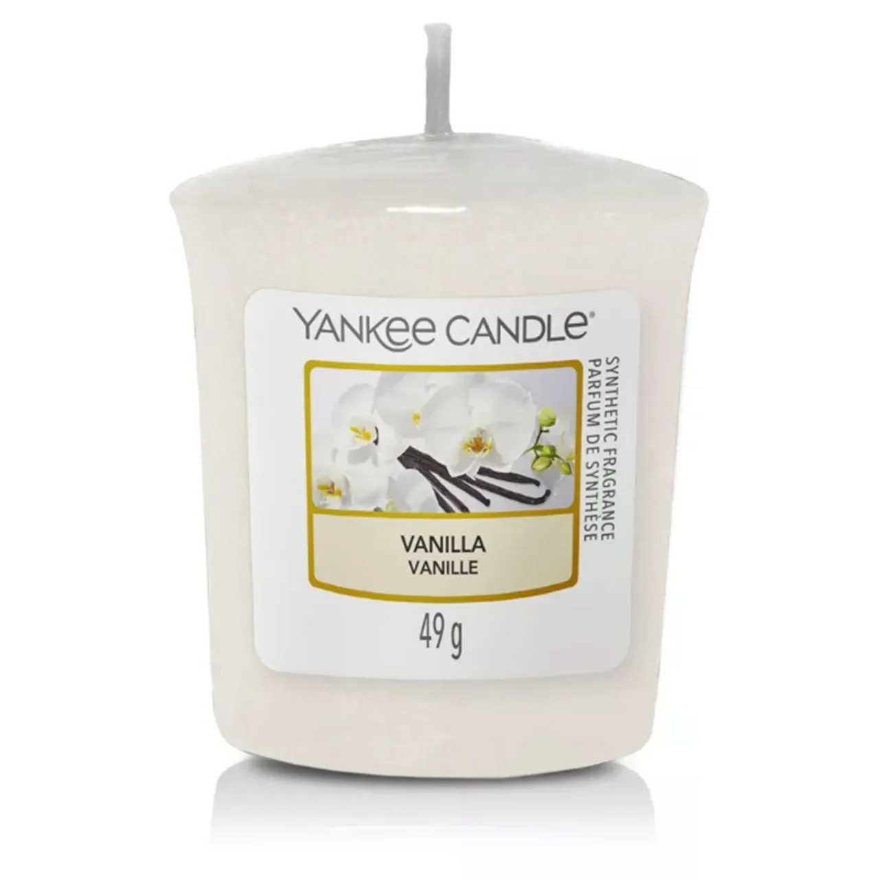 Yankee Candle Vanilla Duftkerze Weiße Yankee Candle Vanilla mit sichtbarem Docht und Frontetikett