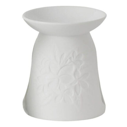 Weiße Duftlampe mit Blumenrelief und breiter oberer Schale