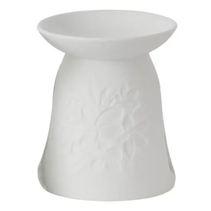 Weiße Duftlampe mit Blumenrelief und breiter oberer Schale