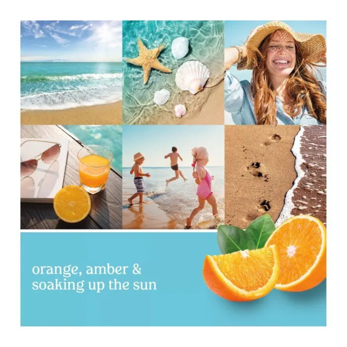 Duftcollage mit Meer, Orangen, Strandbildern und Sonnenmotiv