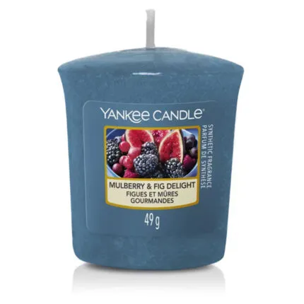 Vorderansicht der blauen Yankee Candle Duftkerze mit Fruchtmotiv und 49 g