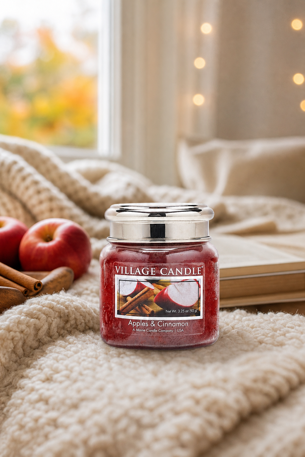 Rotes Village Candle Glas mit Äpfeln und Zimtstangen auf einer Decke