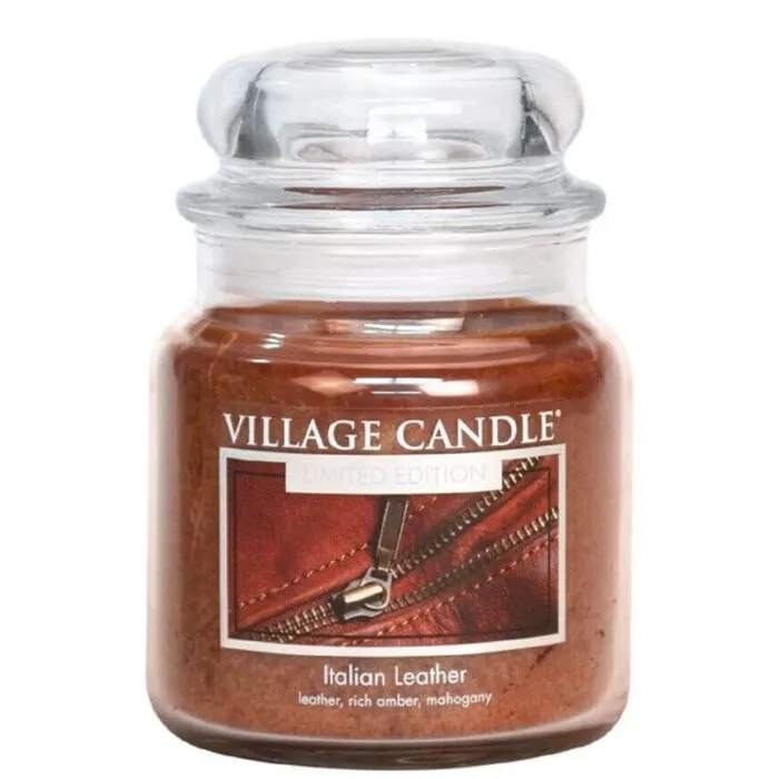 Village Candle Italian Leather Kerze im Glas mit geschlossenem transparentem Deckel