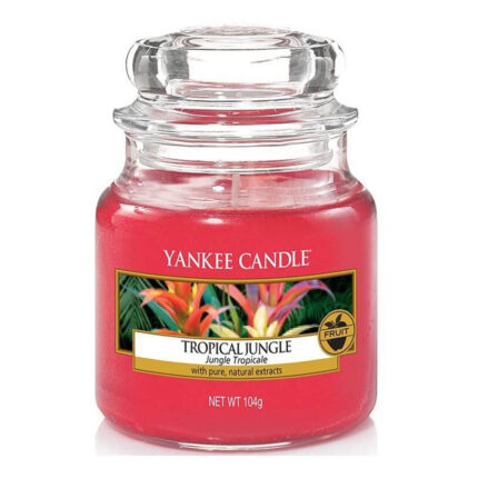 Rote Yankee Candle Tropical Jungle Duftkerze mit sichtbarem Etikett