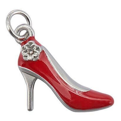Roter High-Heel-Anhänger mit silberfarbenem Absatz, Ring und Blütenverzierung