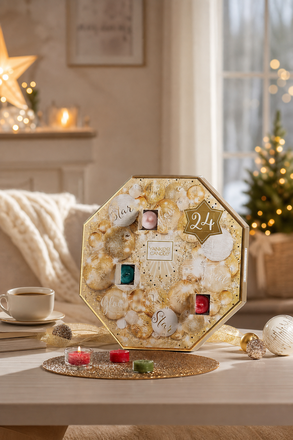 Yankee Candle Adventskalender in festlicher Wohnszene neben brennenden Kerzen