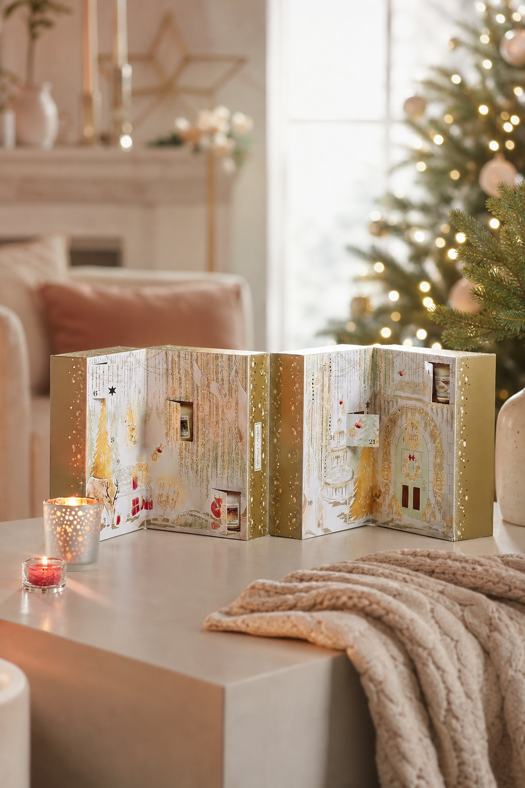Aufgeklappter Yankee Candle Adventskalender auf Tisch neben brennenden Kerzen