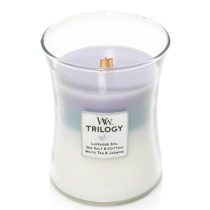 WoodWick Trilogy Duftkerze im Glas mit sichtbarem Holzdocht