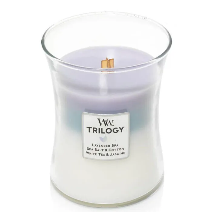 WoodWick Trilogy Duftkerze im Glas mit sichtbarem Holzdocht