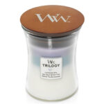 WoodWick Trilogy Kerze im Glas mit Holzdeckel und Etikett