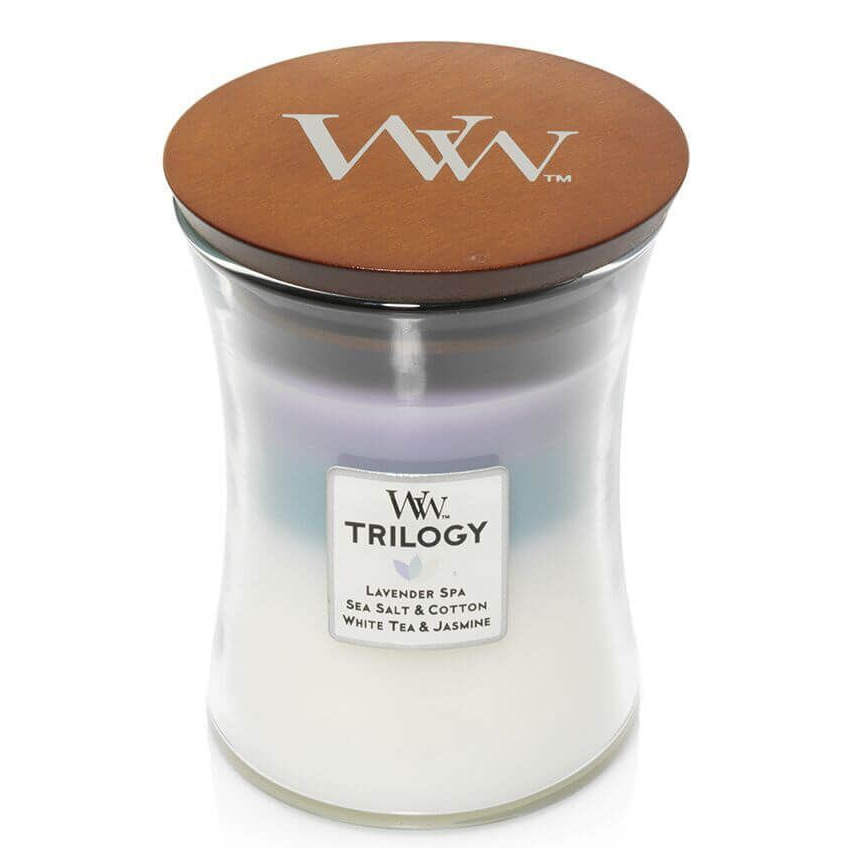 WoodWick Trilogy Duftkerze mit Deckel WoodWick Trilogy Kerze im Glas mit Holzdeckel und Etikett