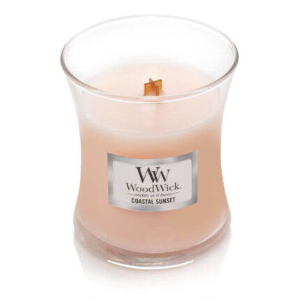 WoodWick Coastal Sunset Kerze ohne Deckel und mit sichtbarem Docht