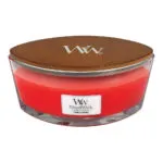 Geöffnete rote WoodWick Crimson Berries Kerze im Glas