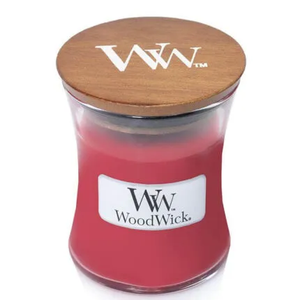 Rote WoodWick Kerze im Glas mit geschlossenem Holzdeckel
