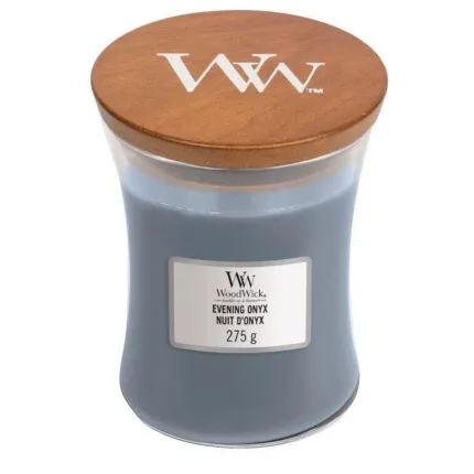 Geschlossene graue WoodWick Evening Onyx Kerze mit rundem Holzdeckel