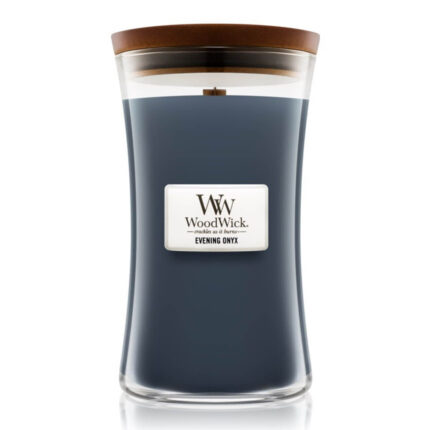 Evening Onyx Kerze im Glas mit sichtbarem Docht und Holzdeckel
