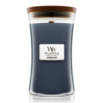 Evening Onyx Kerze im Glas mit sichtbarem Docht und Holzdeckel