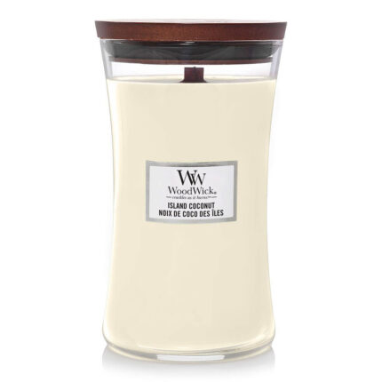 WoodWick Island Coconut Kerze im Glas mit aufgelegtem Holzdeckel