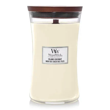 WoodWick Island Coconut Kerze im Glas mit aufgelegtem Holzdeckel