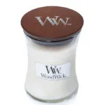 WoodWick Kerze im Glas mit geschlossenem braunem Deckel