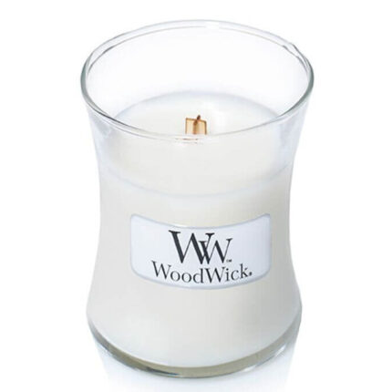 Offene WoodWick Kerze im Glas mit sichtbarem Holzdocht