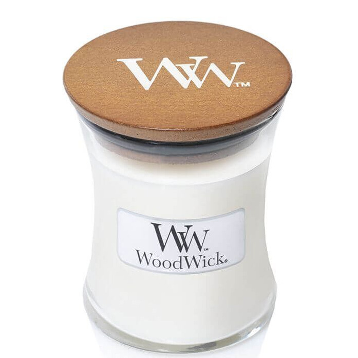 WoodWick Kerze mit Deckel Weiße WoodWick Kerze im Glas mit geschlossenem Holzdeckel