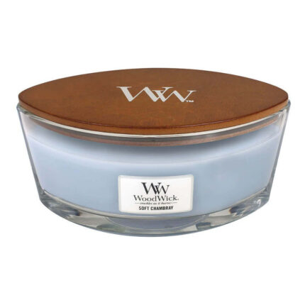 Soft Chambray Kerze im Glas mit aufgelegtem WoodWick Holzdeckel