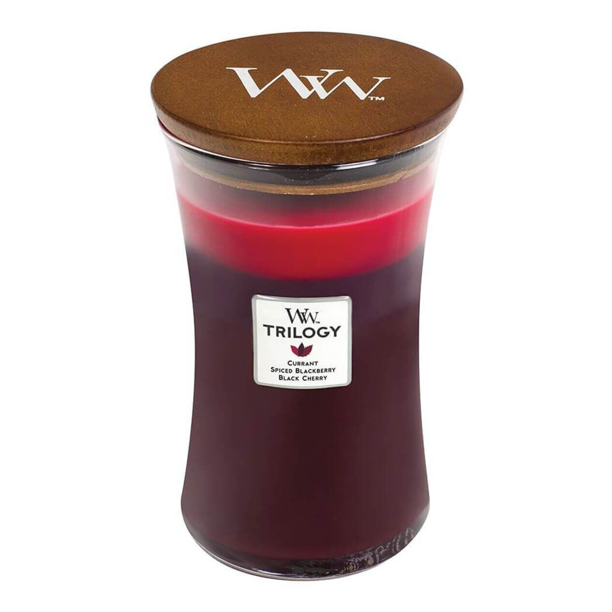 WoodWick Trilogy Kerze frontal WoodWick Trilogy Kerze im Glas mit sichtbarem Etikett