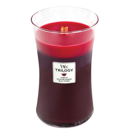WoodWick Trilogy Kerze ohne Deckel mit sichtbarem Holzdocht