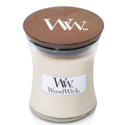 Geschlossenes WoodWick Kerzenglas mit Holzdeckel und WoodWick-Etikett